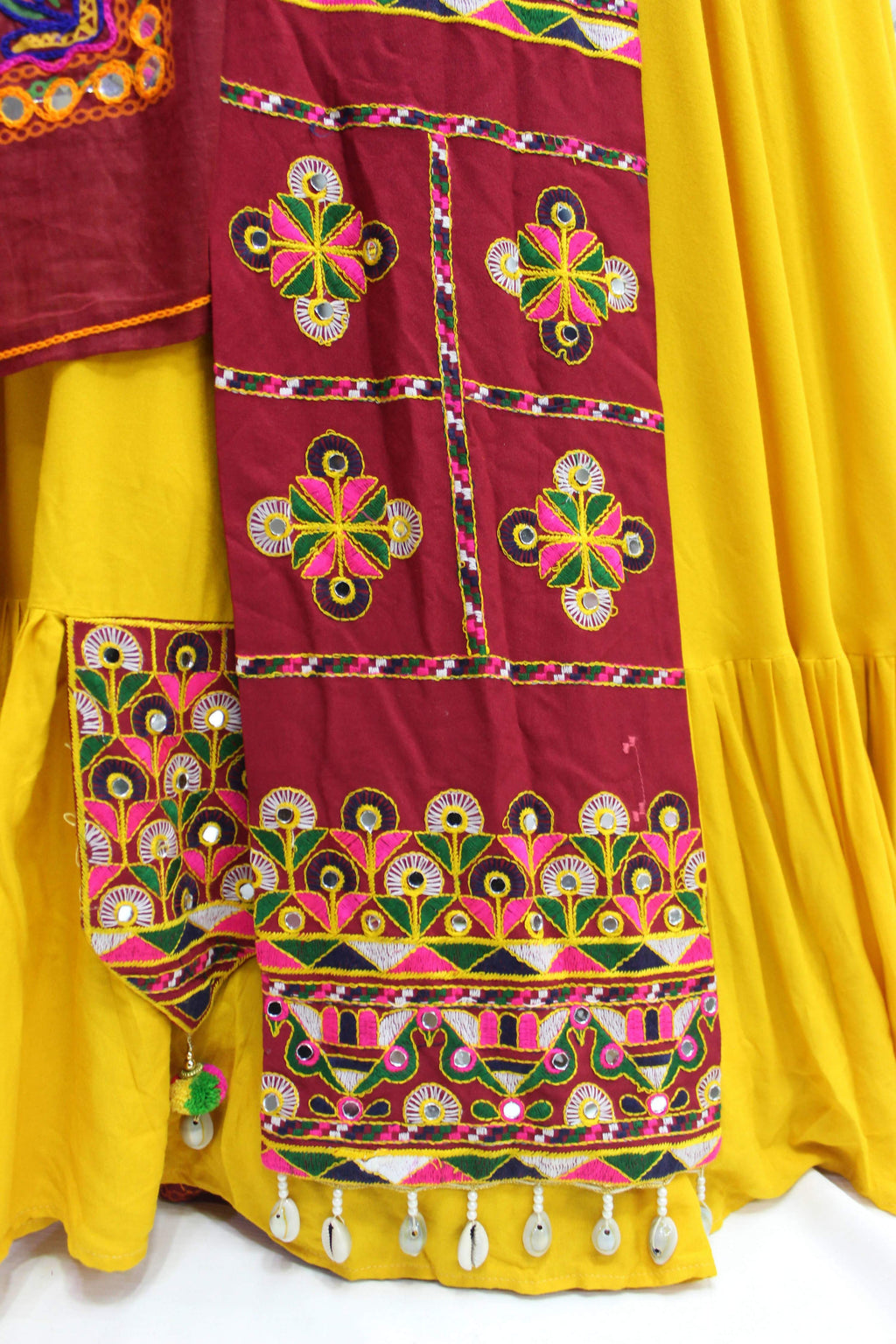 Yellow Viscose Rayon Thread Embroidery with mirror work Navratri Lehenga Choli with Dupatta - Raas