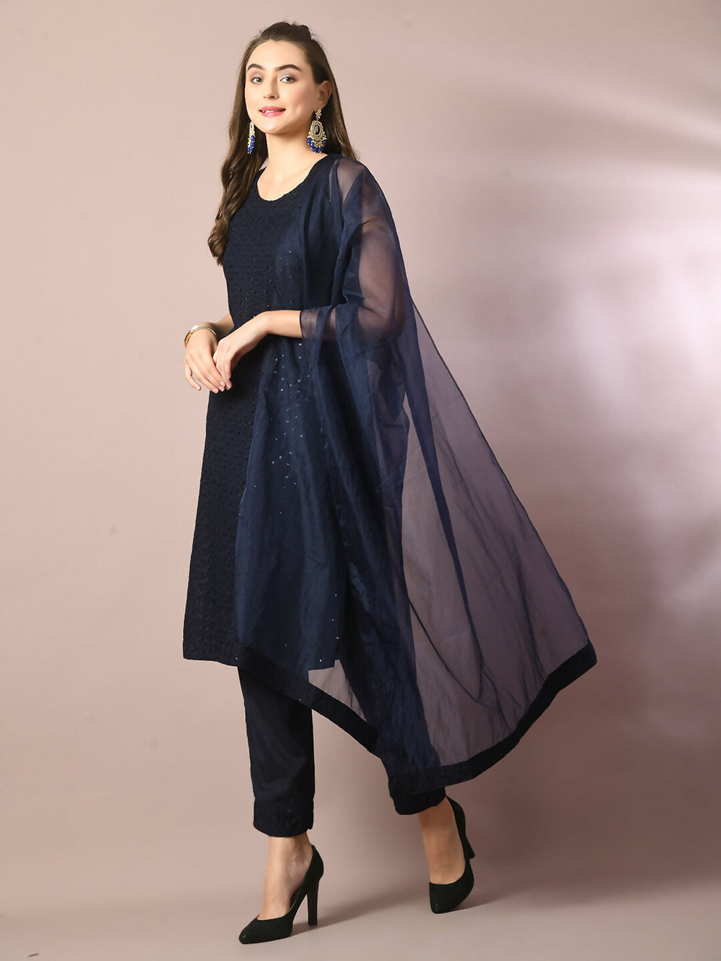 Myshka Women's Navy Blue Embroidered Cotton Straight Party Kurta Set With Dupatta