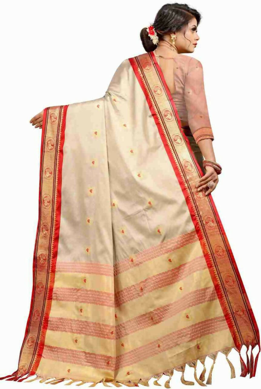 DEIANA'S Beautiful Designer Golden zari Soft Lichi Silk Saree - Cream