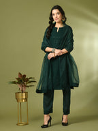 Myshka Women's Green Embroidered Cotton Straight Party Kurta Set With Dupatta