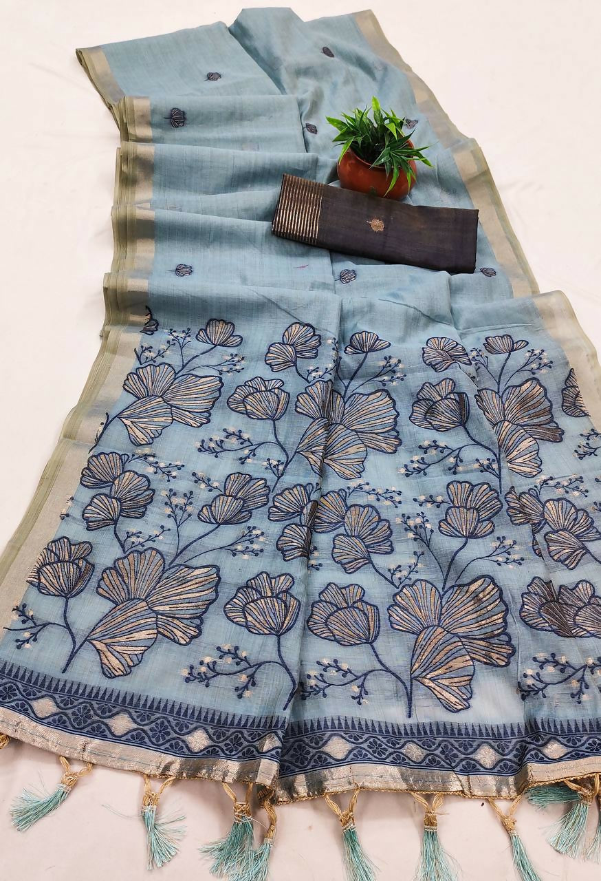 Vastranavya Sky Blue Muga Cotton Meenakari & Azarakh Pallu Saree with Contrast Blouse - Distacart