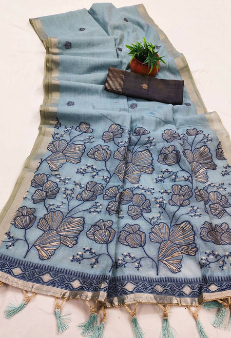 Vastranavya Sky Blue Muga Cotton Meenakari & Azarakh Pallu Saree with Contrast Blouse