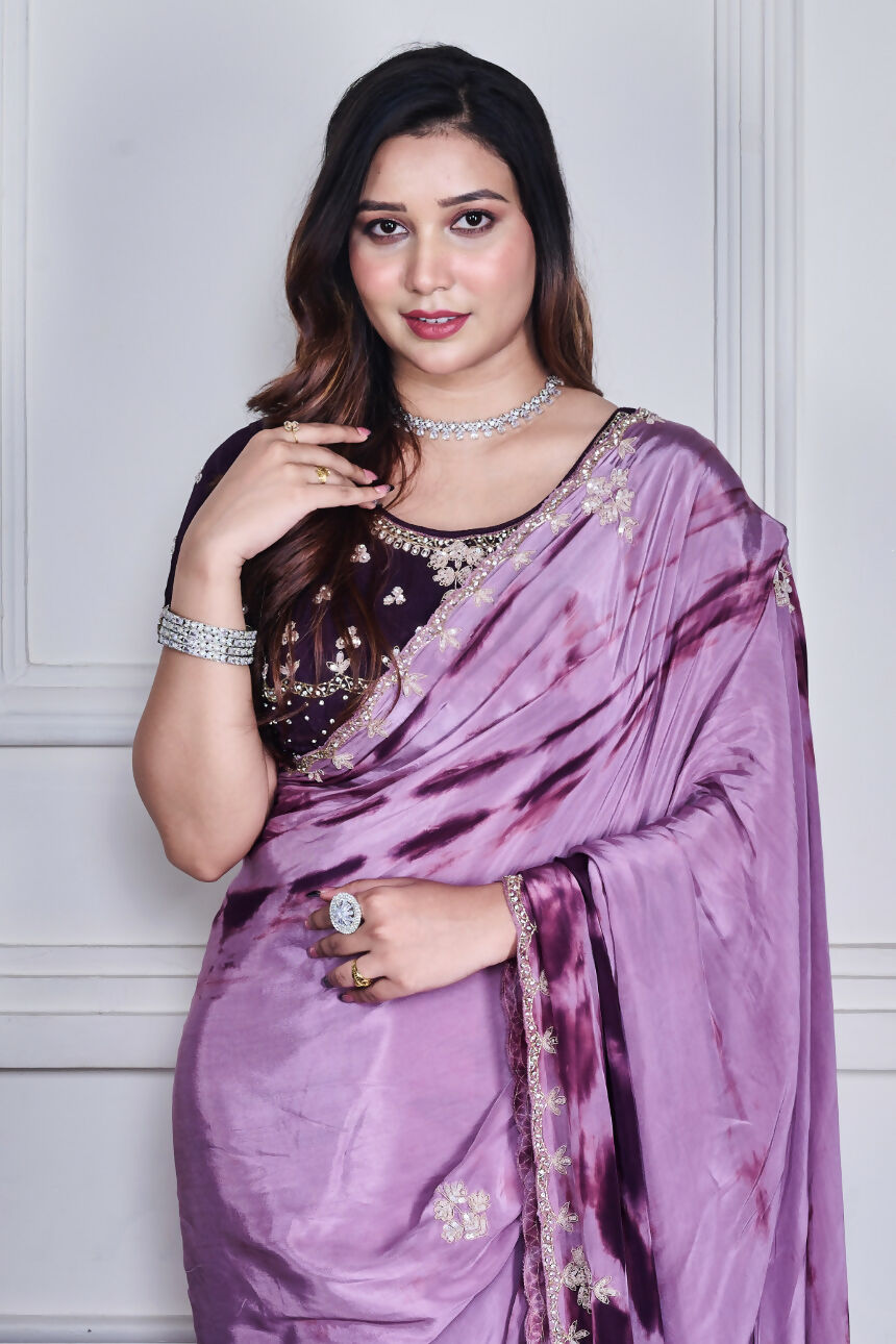 Morchari Wine Crepe Hand Embroidery Saree And Stitched Blouse - Distacart