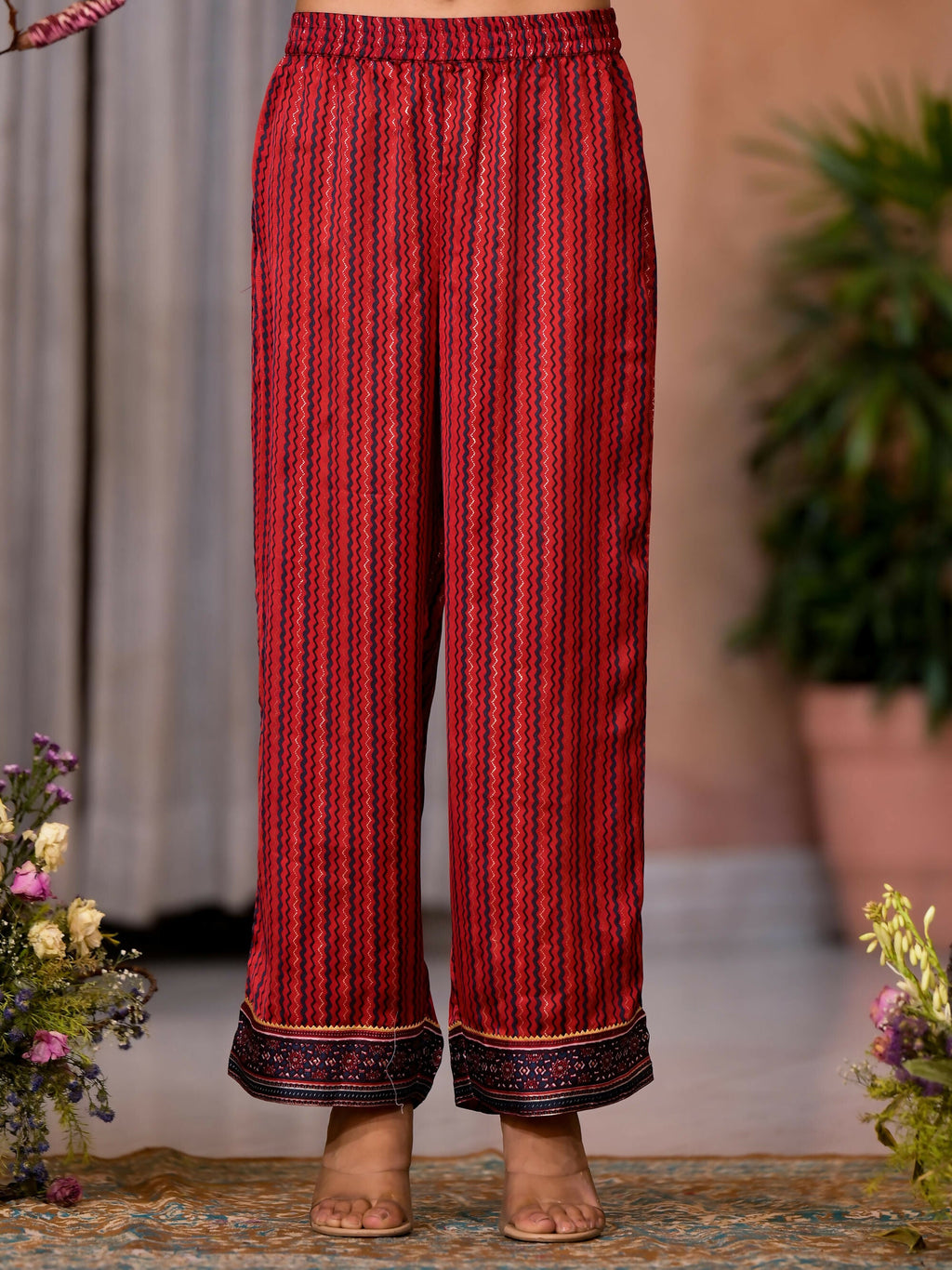 Juniper Women's Red Geometric Printed Satin Asymmetrical Kurta Pant And Dupatta Set With Zari & Mirror Work