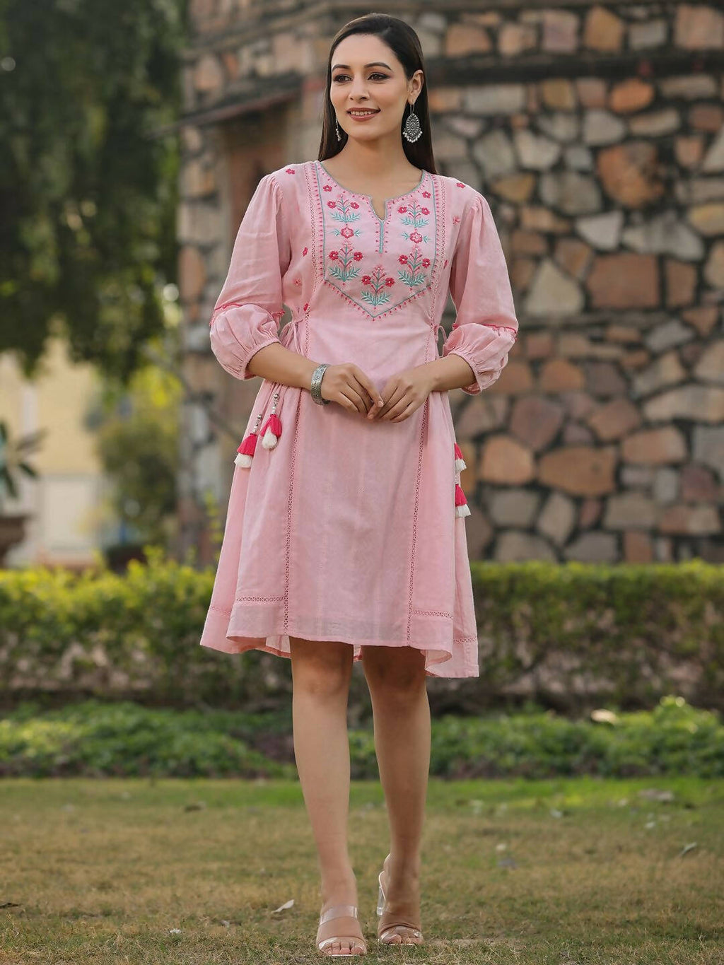 Juniper Women's Pink Cotton Dobby Embroidered Flared Dress - Distacart