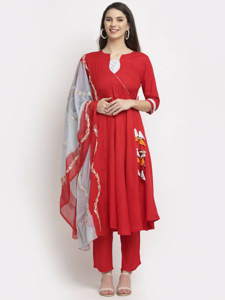 Rudra Bazaar Angrakha Red Kurti Set With Dupatta