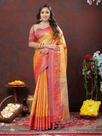 Lorenvalley Fashion Orange Kanjivaram Silk Woven Design with Zari Weaving Saree