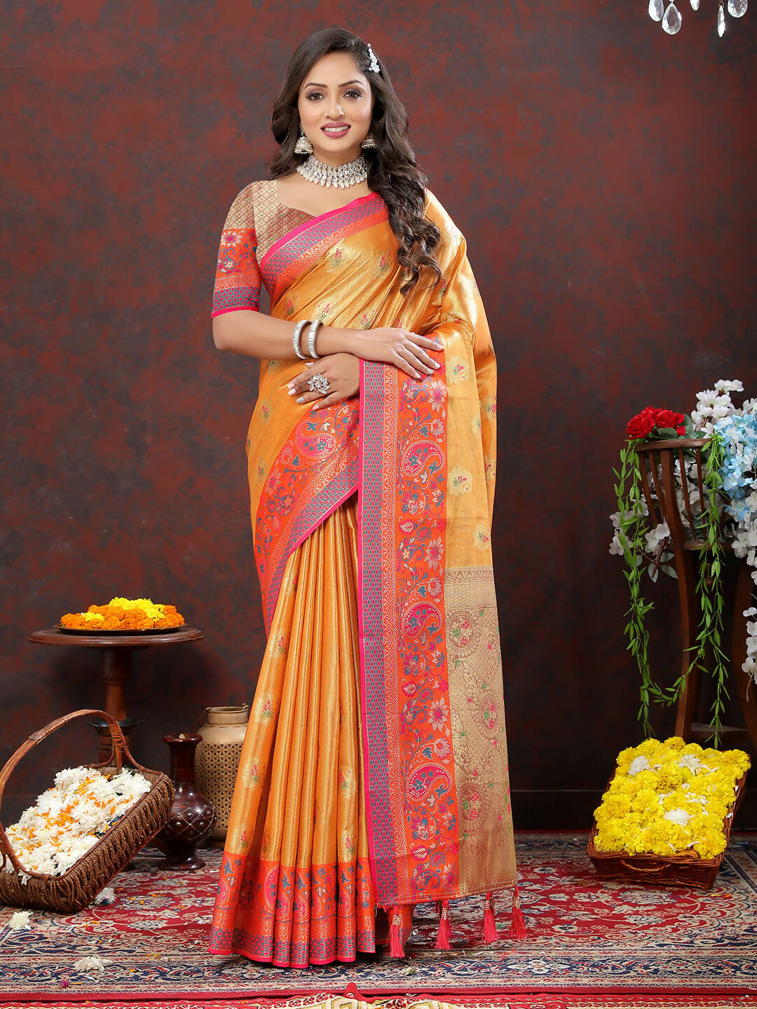 Lorenvalley Fashion Orange Kanjivaram Silk Woven Design with Zari Weaving Saree