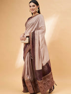 Beige, Purple Tussar Silk Zari, Thread And Cord Embroidery, Laser Cut Applique Saree - Norita Hit Design