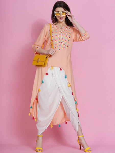 Women Republic Peach Rayon Embroidered Kurta With Mirror Work And Tulip Pants