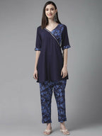 Ahalyaa Women Navy Blue Rayon Wax Printed Angrakha Gotta Patti Tunic With Trousers - Distacart