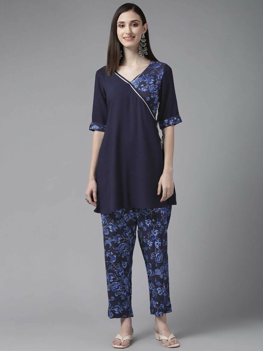 Ahalyaa Women Navy Blue Rayon Wax Printed Angrakha Gotta Patti Tunic With Trousers - Distacart