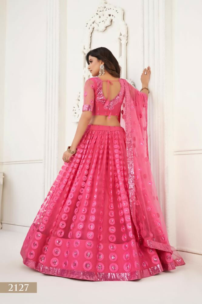 Aastha Fashion Bright Pink Butterfly Net Tone To Tone Thread Work And Sequence Work Embroidery Wedding Wear Lehenga Choli