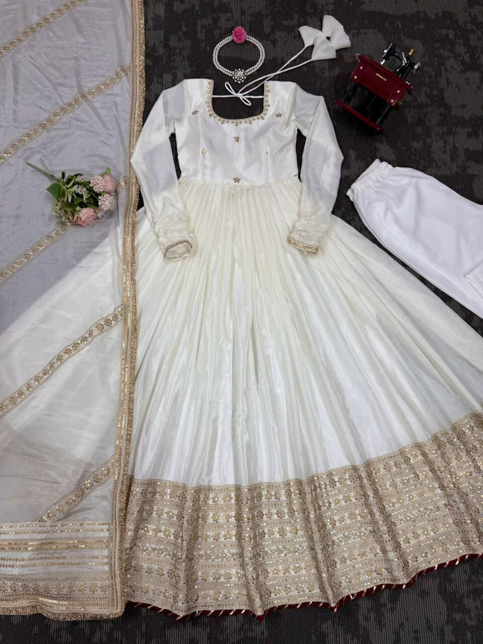 The52 Women's Gorgeous Chinon Silk Fabric Embroidery Work Flared Anarkali Pant and Dupatta Set - Distacart
