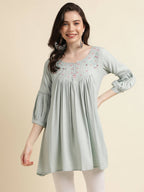 Light Blue Poly Cotton Yoke Embroidered A-line Top - Tarini