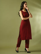 Myshka Women's Maroon Embroidered Cotton Straight Party Kurta Set