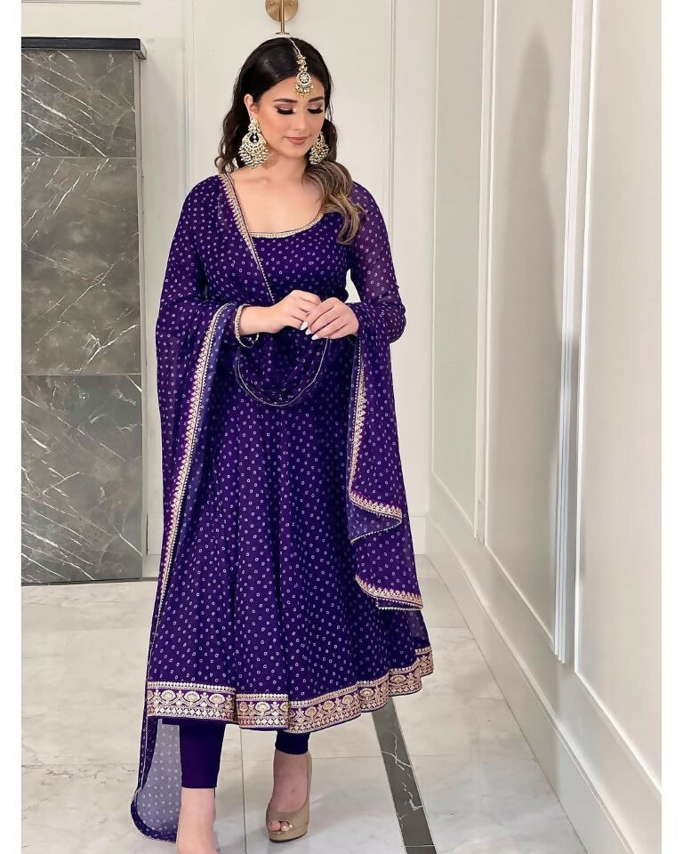 Teeya Creation Purple Color Bandhani Print With Embroidery Work Functional Wear Gown - Distacart