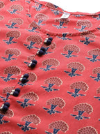 Yufta Women Red Pure Cotton Handblock Print Kurta with Trouser & Dupatta