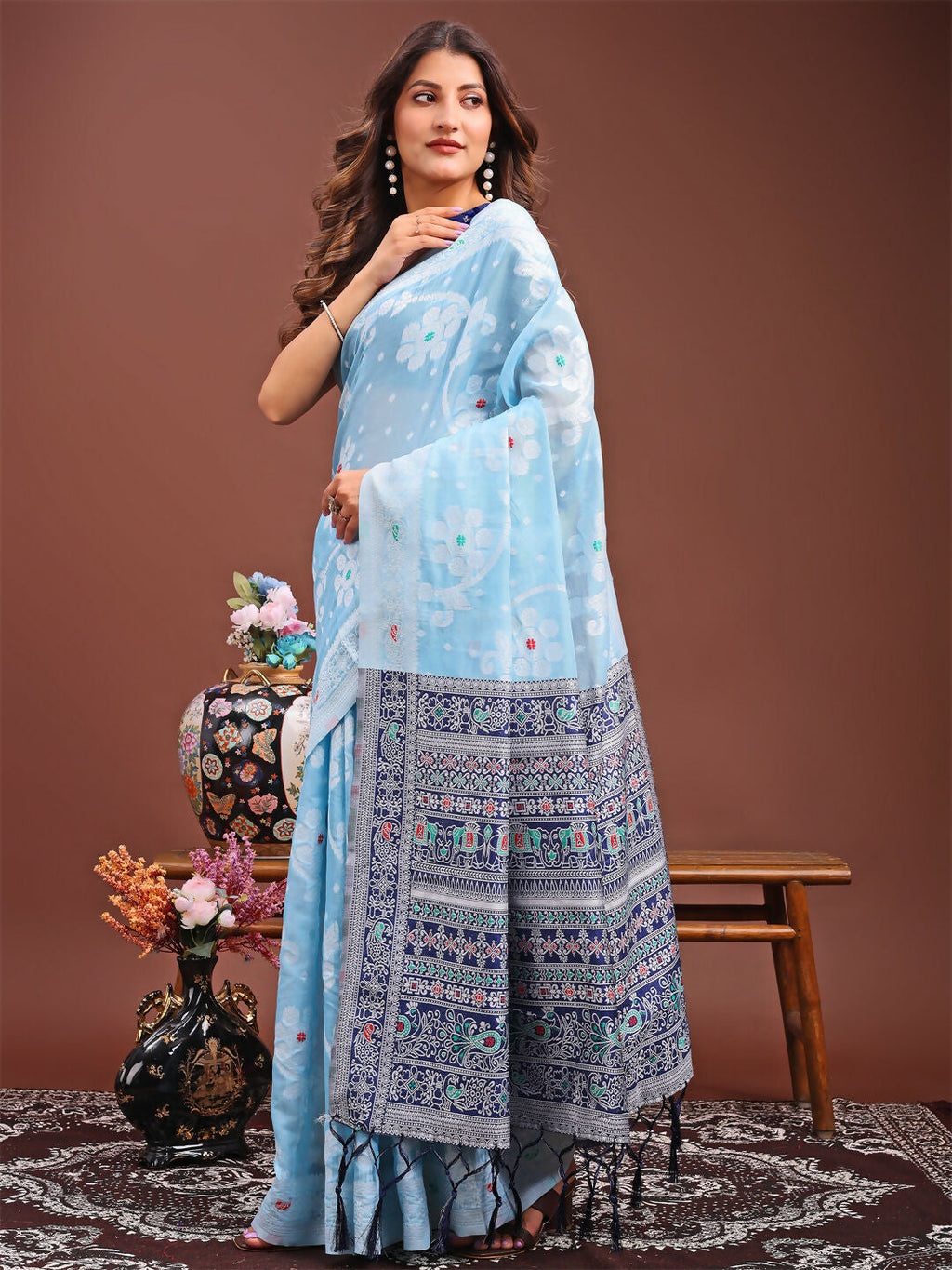 Shree Shyam Fashion Anaya Sky Blue Linen Cotton Saree