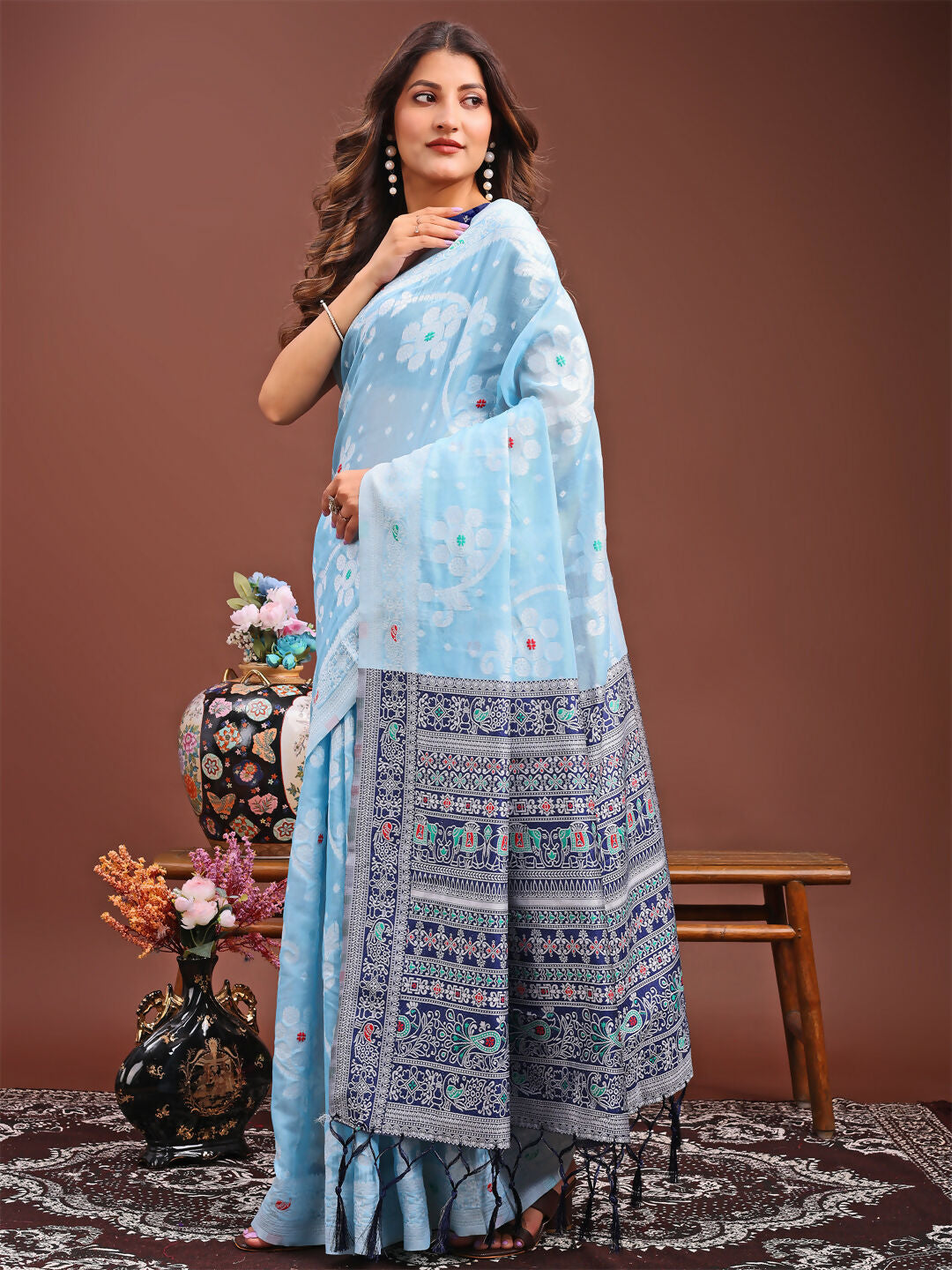 Shree Shyam Fashion Anaya Sky Blue Linen Cotton Saree
