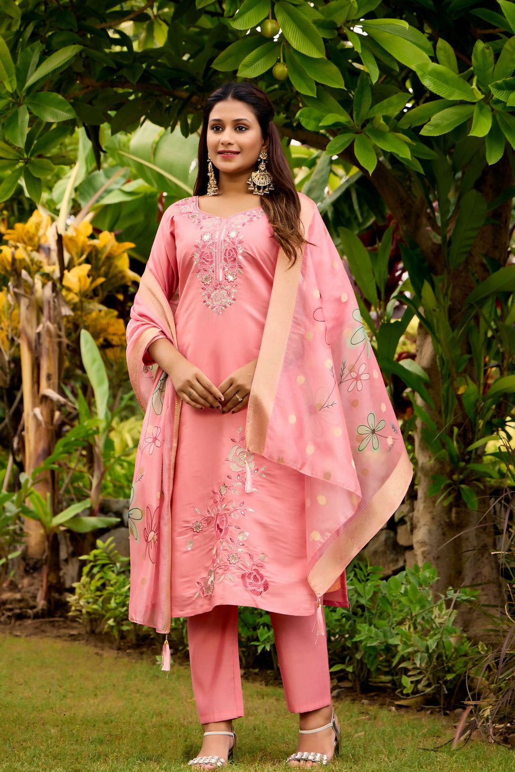 The52 Women's Beautiful Embroidery Work Roman Fabric Straight Kurta Pant and Dupatta Set - Distacart