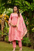 The52 Women's Beautiful Embroidery Work Roman Fabric Straight Kurta Pant and Dupatta Set - Distacart