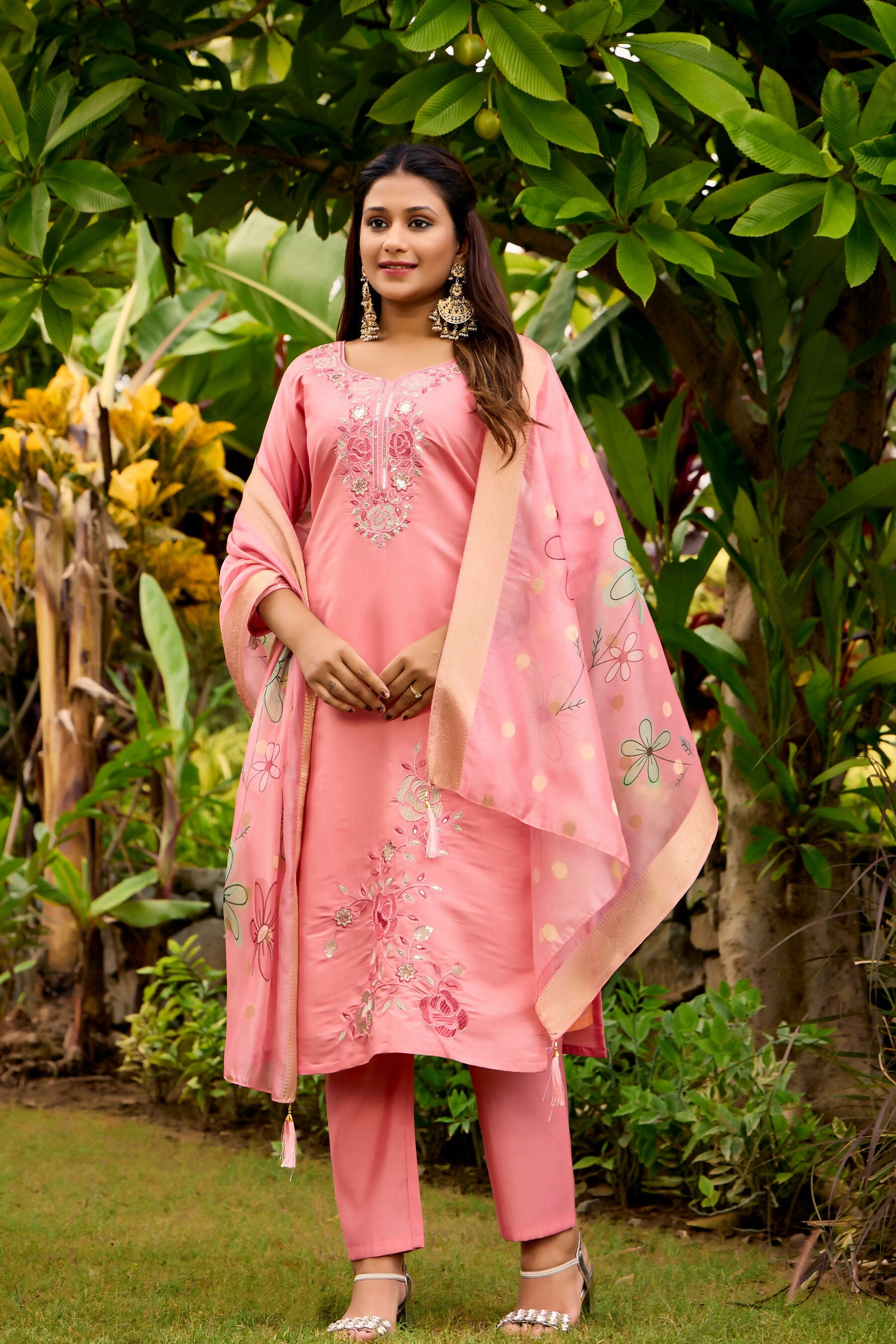 The52 Women's Beautiful Embroidery Work Roman Fabric Straight Kurta Pant and Dupatta Set - Distacart
