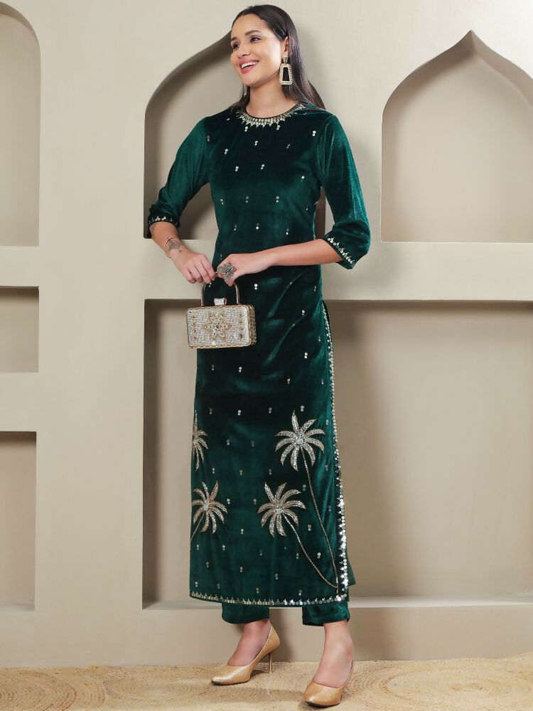 Joban Fashion Women Green Velvet Hand Embellishment Stitched Kurta Set - Distacart