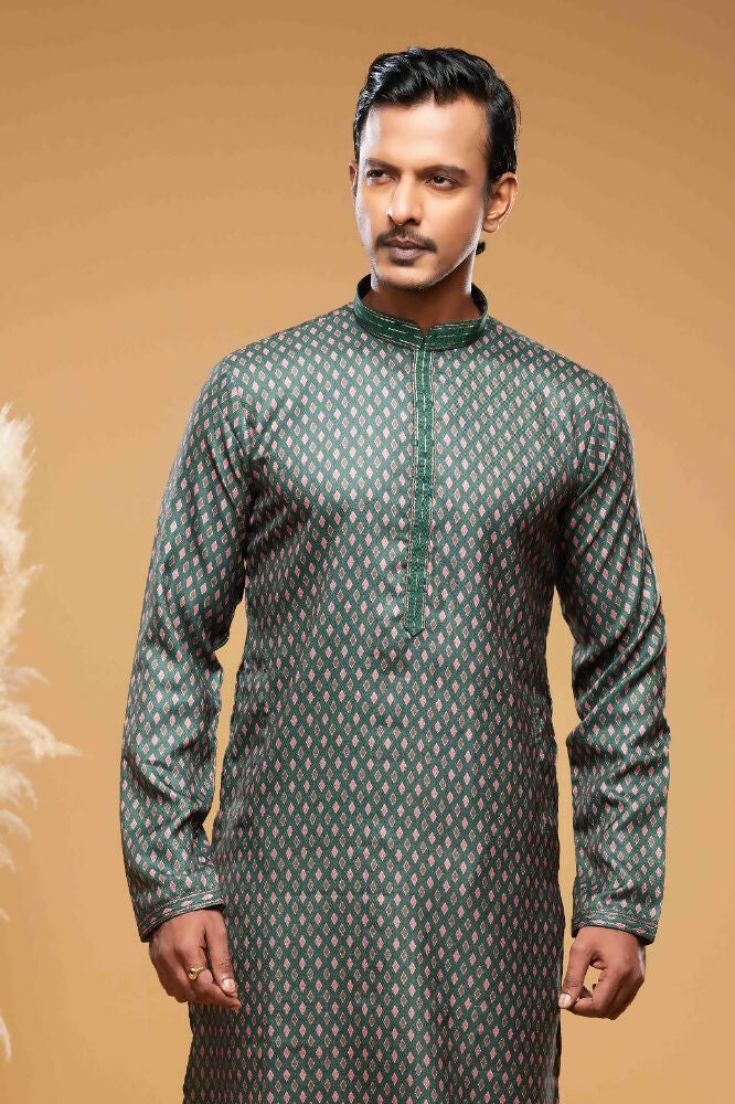 Raivat Ethnic Art Silk Digital Print Pintux Work Kurta Pajama In Green Colour