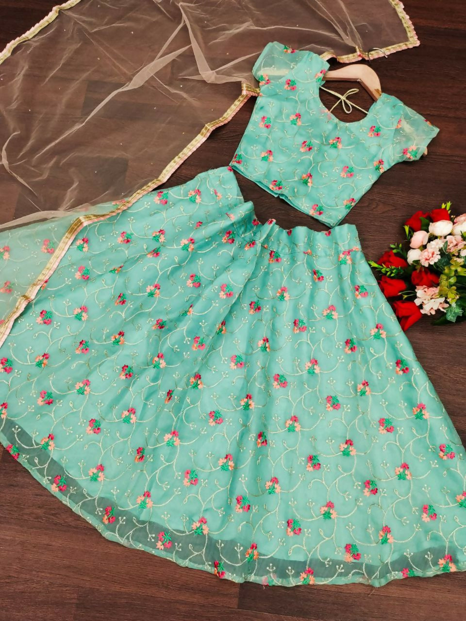 Jyoti Fashion Beautiful Sky Blue Organza Silk Embroidered Kids Lehenga Choli Set