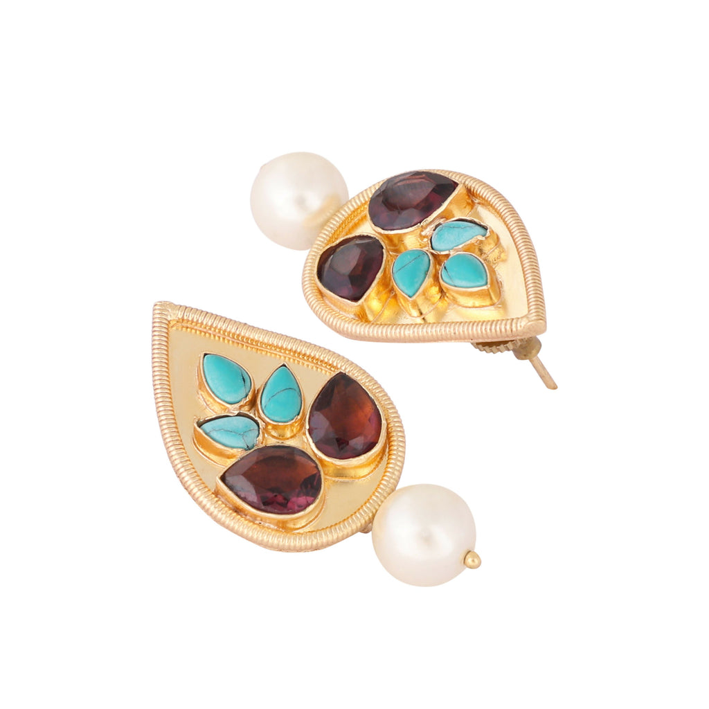 Nuyug 22K Gold Plated Faux Turquoise Stone Studded Contemporary Petal Shaped Pearl Drop Stud Earrings - Distacart