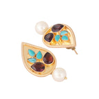 Nuyug 22K Gold Plated Faux Turquoise Stone Studded Contemporary Petal Shaped Pearl Drop Stud Earrings - Distacart