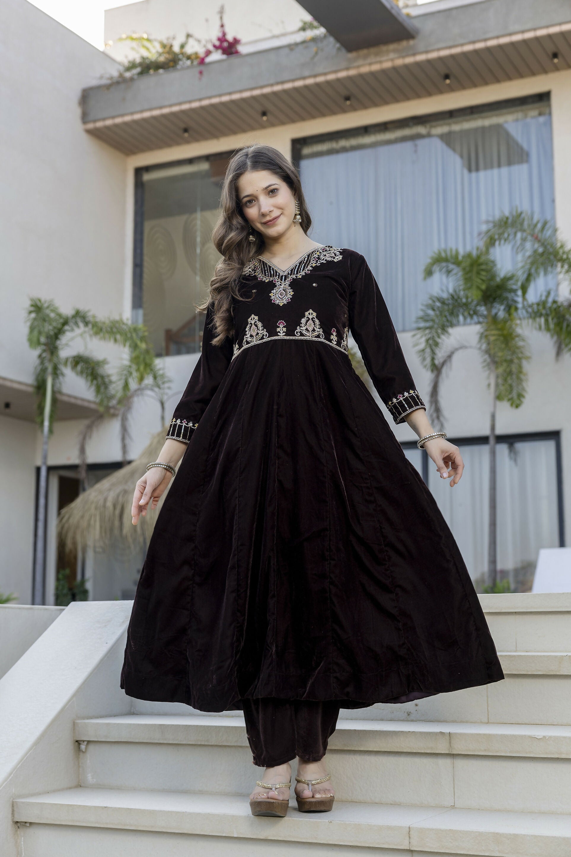 The52 Women's Beautiful Velvet Fabric Embroidery Work Flared Anarkali Pant and Dupatta Set - Distacart