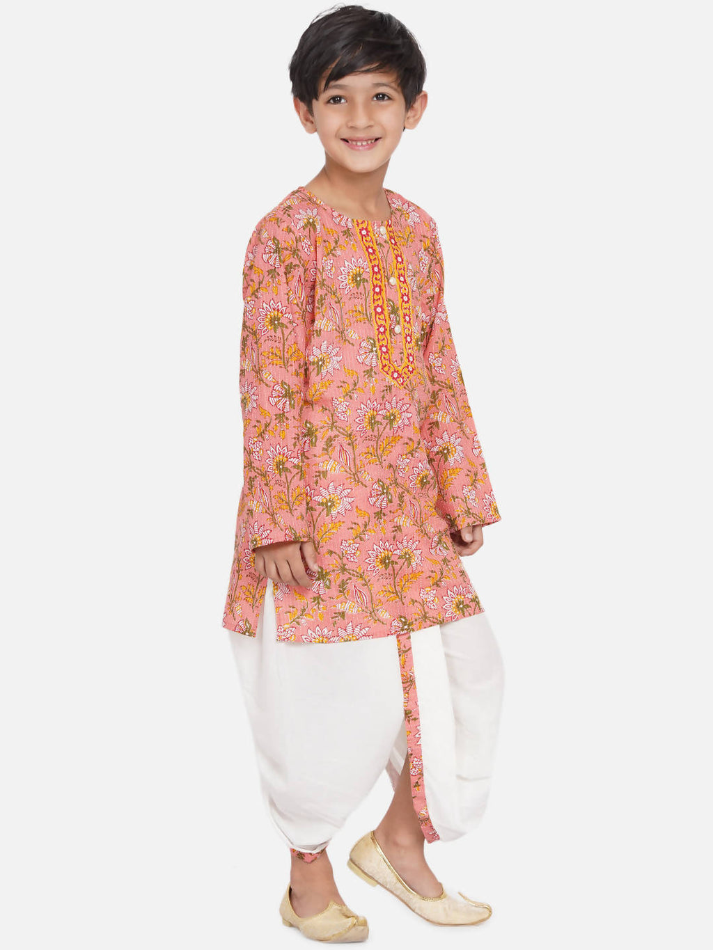 Little Bansi Boys Bengali Kantha work floral kurta & Dhoti - Pink & White