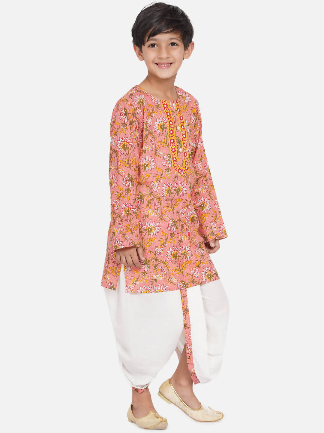 Little Bansi Boys Bengali Kantha work floral kurta & Dhoti - Pink & White