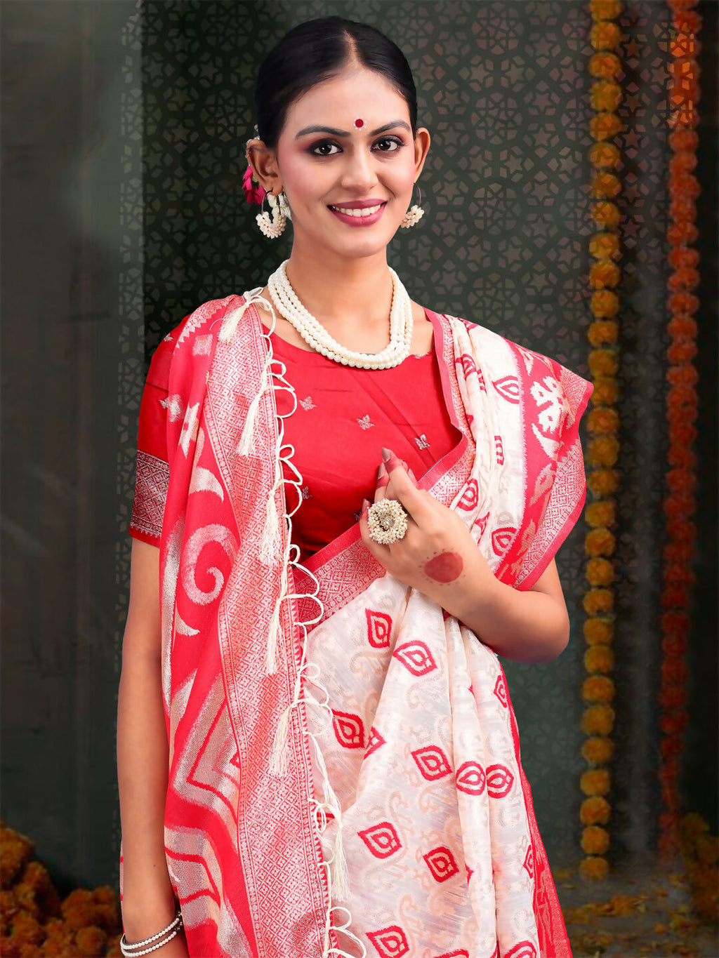 Shree Shyam Fashion Devistuti Red White Linen Cotton Saree