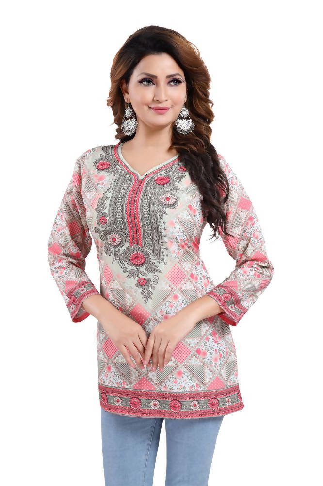 Snehal Creations Precious Pink Faux Crepe Printed Short Kurti Tunic