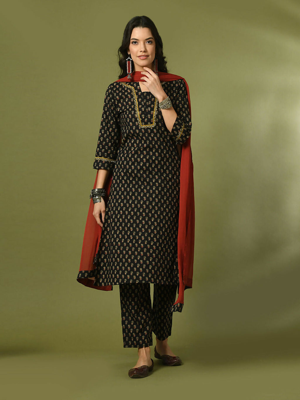 Myshka Women's Black Printed Cotton Straight Party Kurta Set With Dupatta
