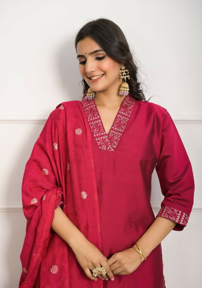 Festive Wear Ethnic Red Viscose chanderi Stitched Suit With Dupatta - Nisha
