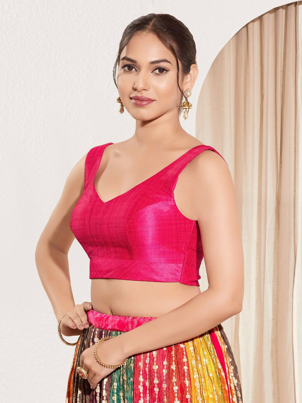 Joban Fashion Dark Pink Mulberry Silk Padded Blouse With Round Neck Sleeveless - Distacart