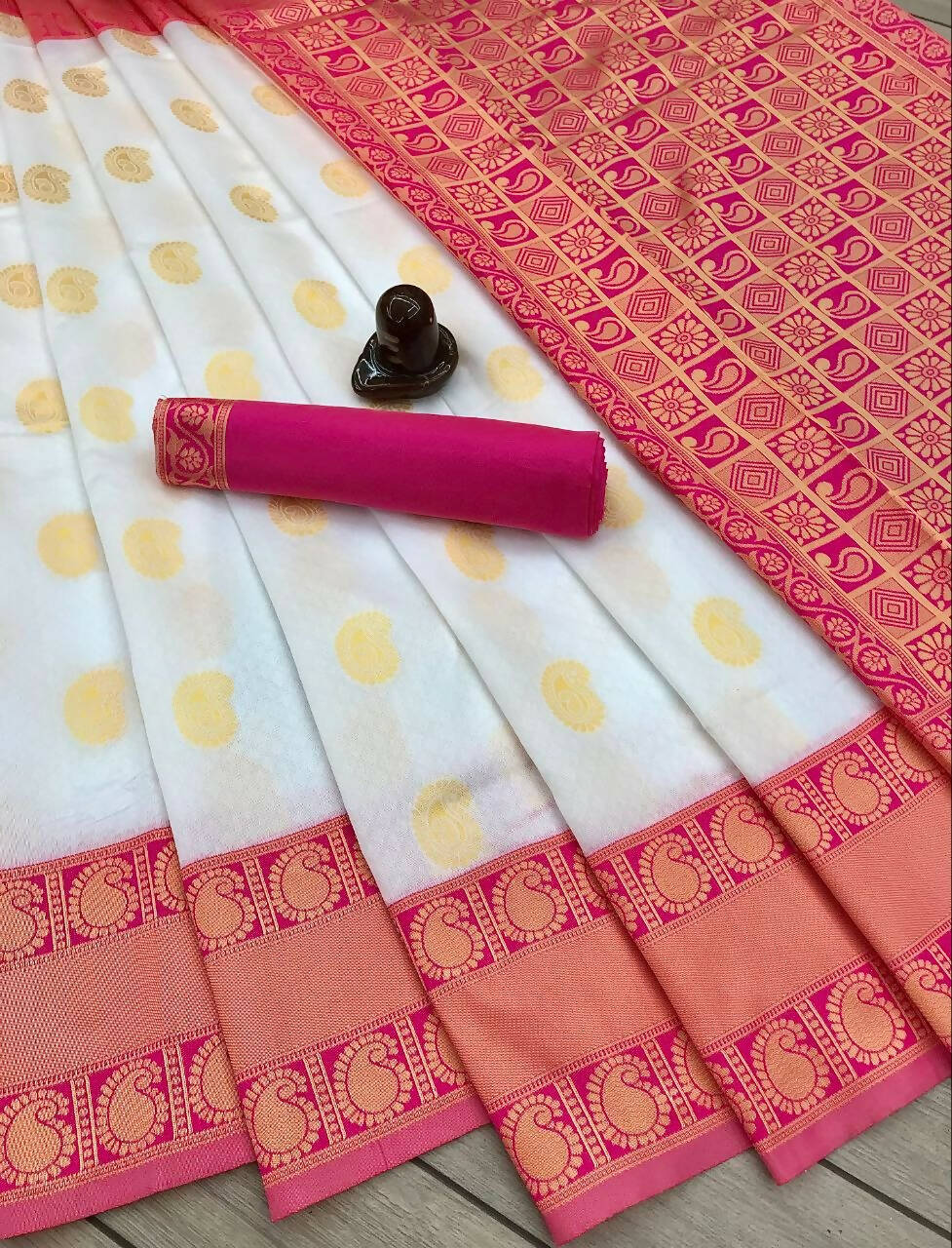 DEIANA'S Beautiful Designer Golden zari Soft Lichi Silk Saree - White