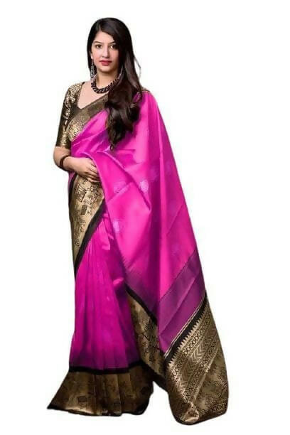 DEIANA'S Beautiful Designer Golden zari Soft Lichi Silk Saree - Pink