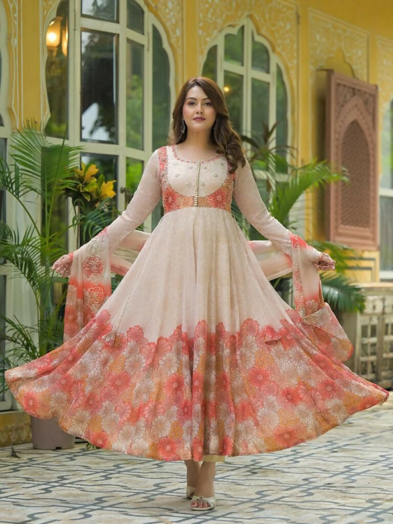 Teeya Creation Multi Color Organza Silk With Digital print With Embroidery Gown - Distacart