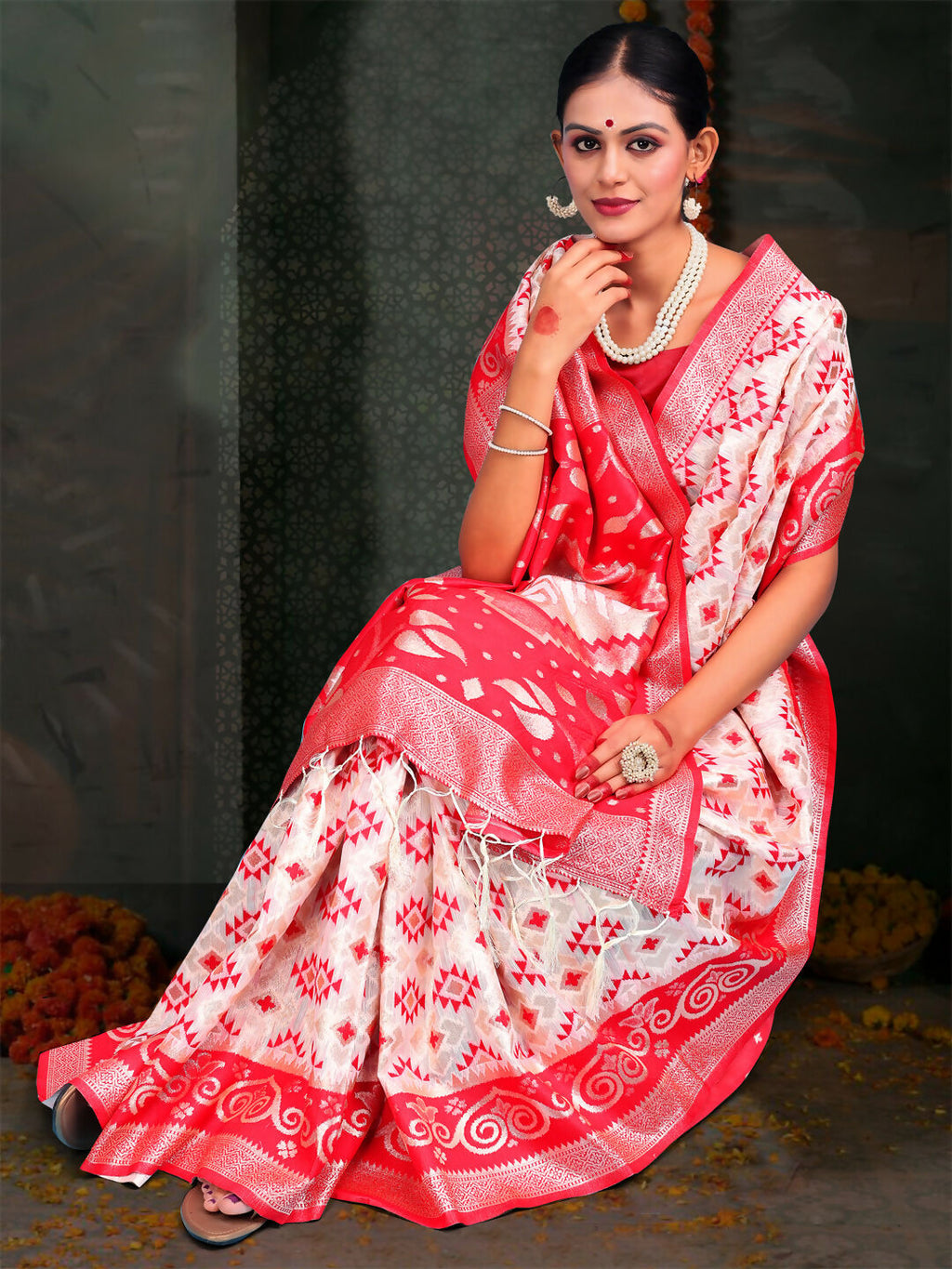 Shree Shyam Fashion Devistuti Red White Linen Cotton Saree
