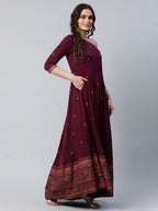 Ahalyaa Women Burgundy & Gold-Toned Ethnic Motifs One Shoulder Ethnic Maxi Dress - Distacart