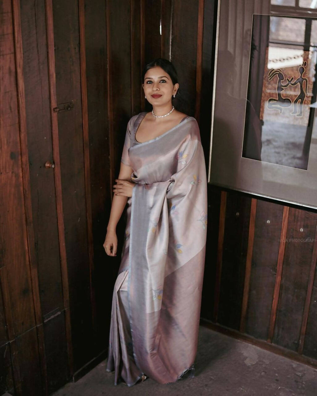 DEIANA'S Beautiful Designer Golden zari Soft Lichi Silk Saree - White