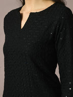 Myshka Women's Black Embroidered Cotton Straight Party Kurta Set