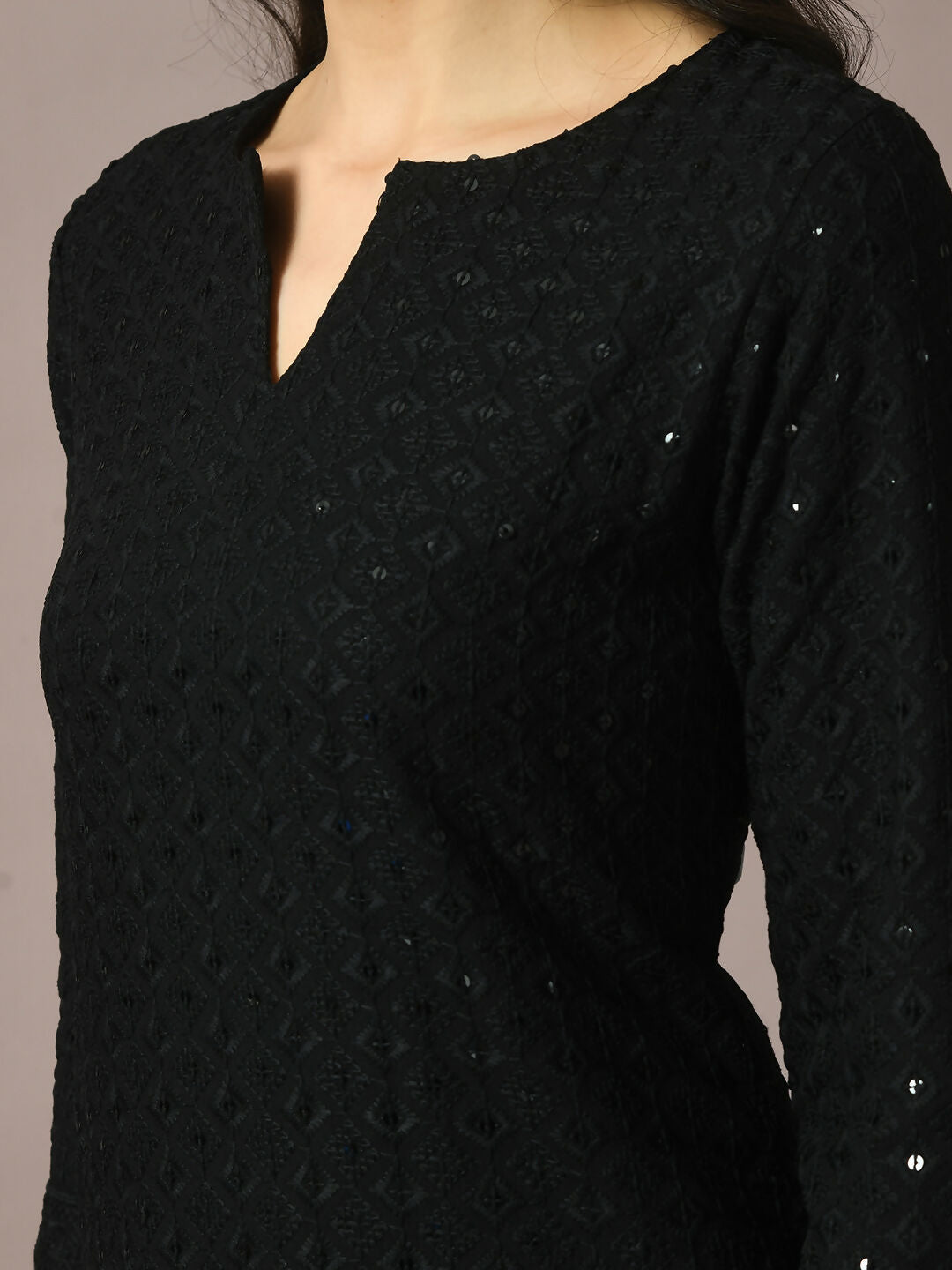 Myshka Women's Black Embroidered Cotton Straight Party Kurta Set