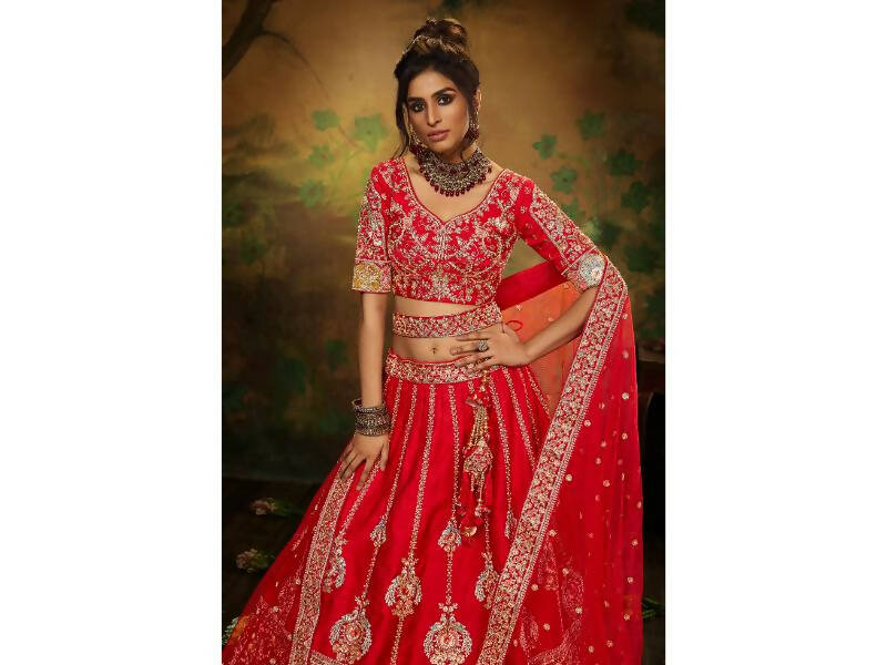 House of Panchhi Red Pure Silk Moti & Zarkan heavy embroidery Lehenga choli & Dupatta