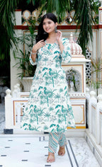 Miravan Women's Light Green Scenic Birds And Leaf Straight Pakistani Style Kurta And Palazzo